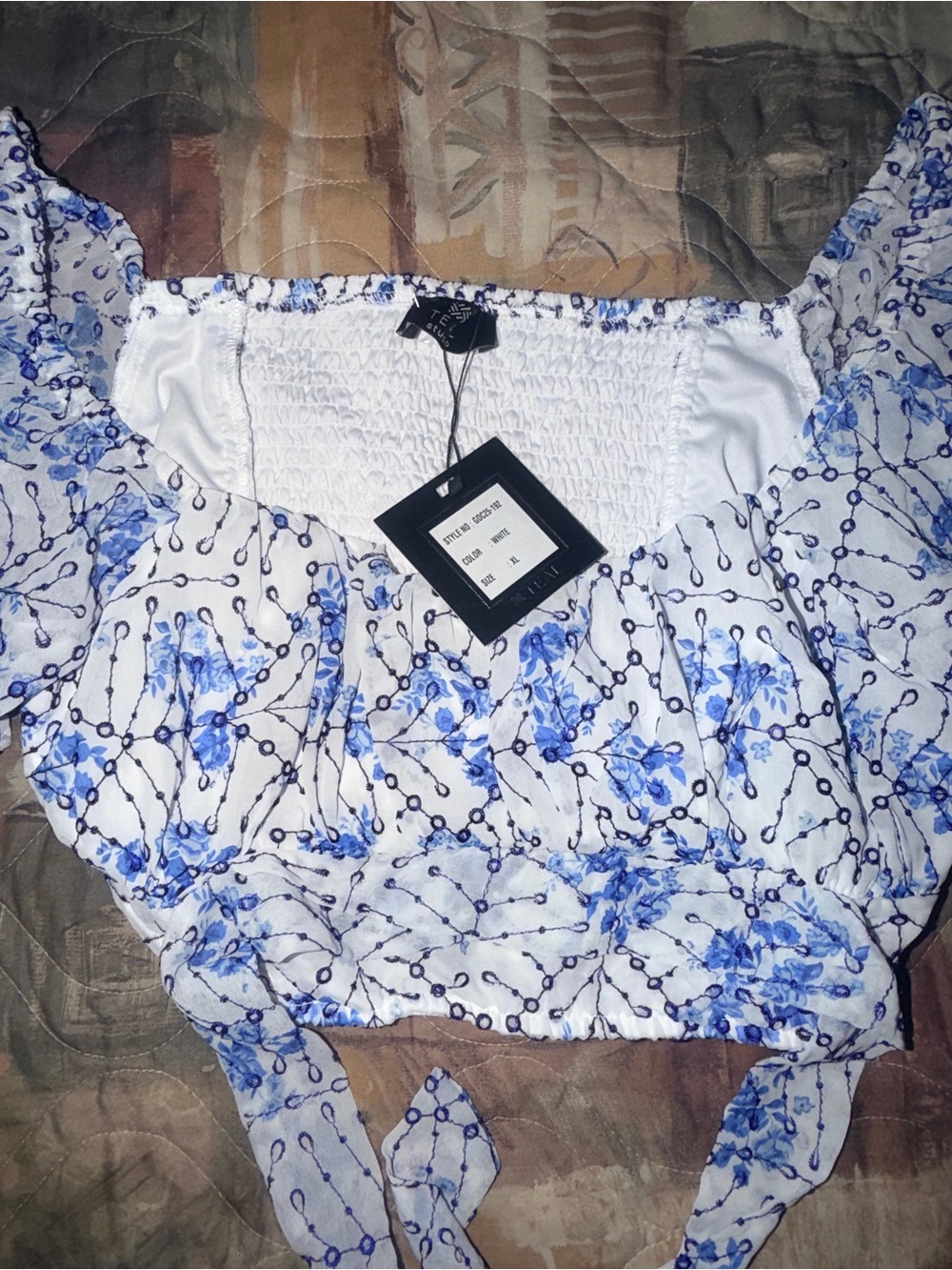 Floral Blue & White Smocked Crop Top